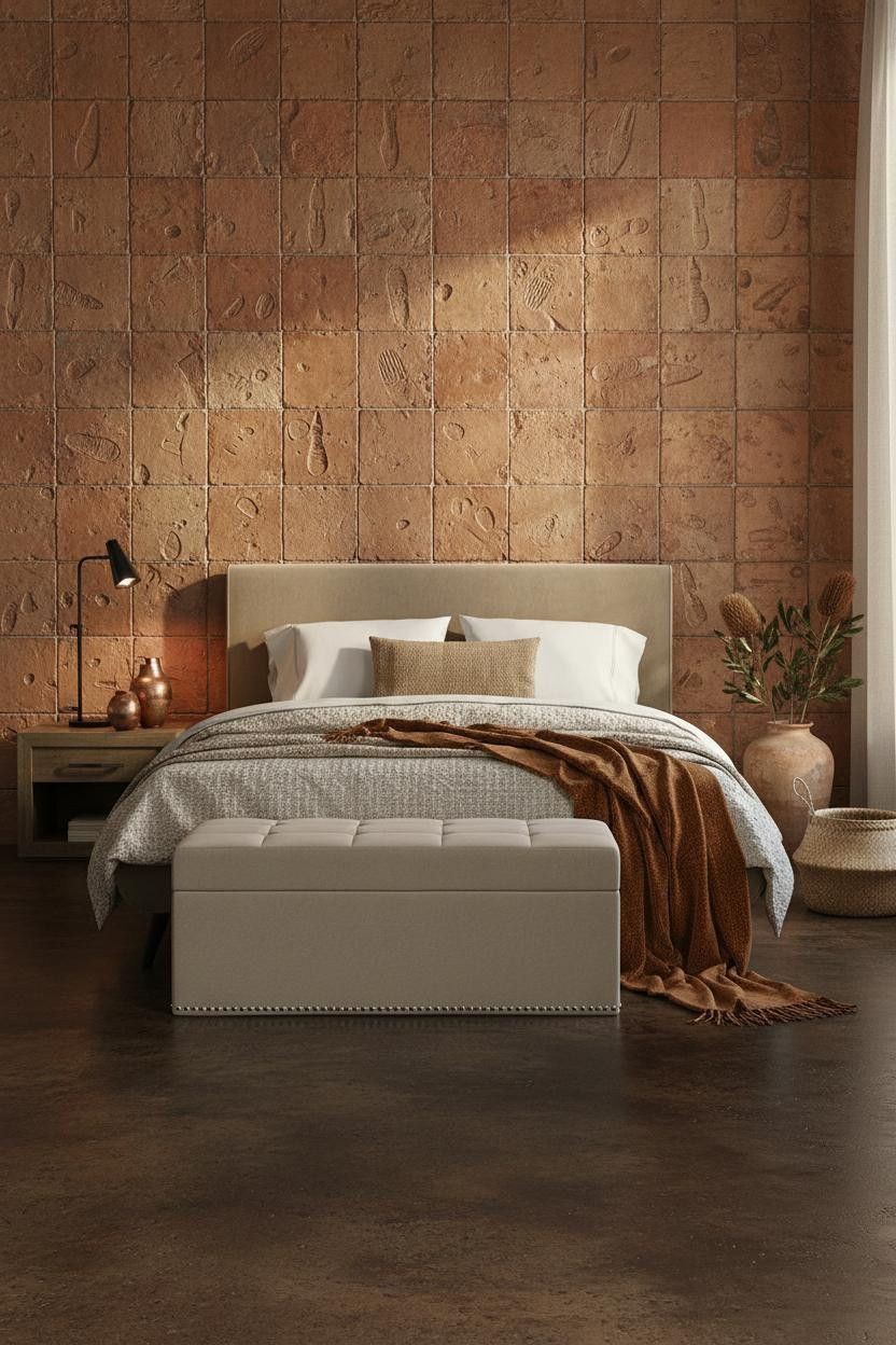 Bright, airy earthy bedroom with warm beige walls, natural wood bed frame, soft linen bedding, woven storage bench, and natural daylight from window creating calm minimal aesthetic.