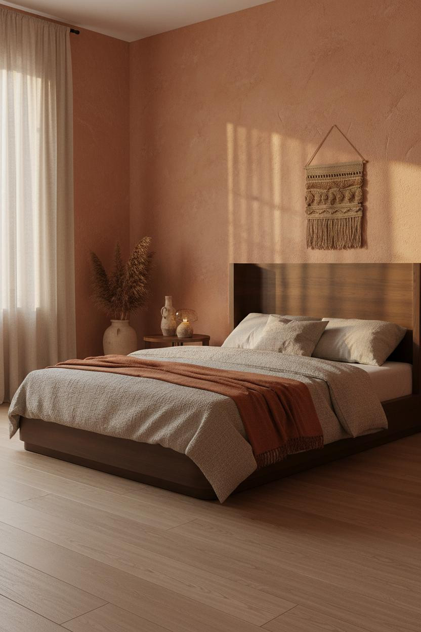 Bright earthy bedroom with warm wood bed frame, natural wood nightstand, cream bedding, soft neutral walls, and natural daylight from window creating calm minimal aesthetic.