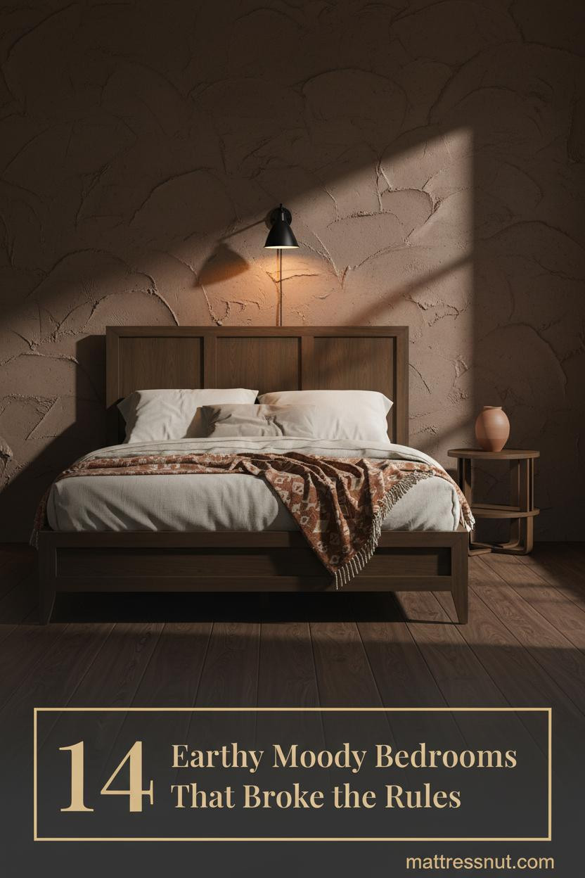 Dark earthy bedroom with raw umber plaster wall, wide walnut floors, iron sconce, ivory linen bedding, and rust kilim throw at foot