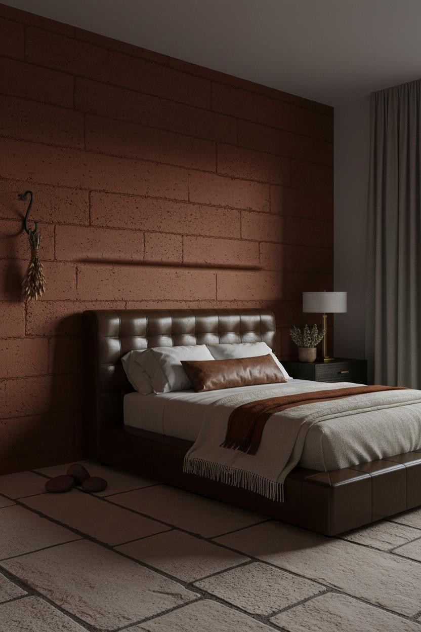 Moody bedroom with warm earthy tones, leather bed frame, soft cream bedding, matte brass bedside lamp, neutral walls, natural window light, cozy vintage aesthetic