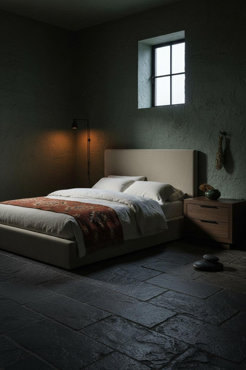 Small moody bedroom with dark earthy tones, warm wood nightstand, neutral bedding, soft natural window light, vintage aesthetic with warm brass accents and calm neutral palette.