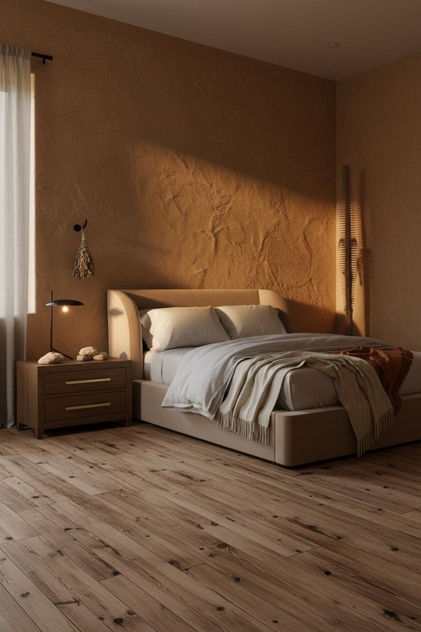Moody bedroom with warm earthy tones, dark walls, natural wood nightstand, soft bedding, and warm ambient lighting creating a cozy dark aesthetic.