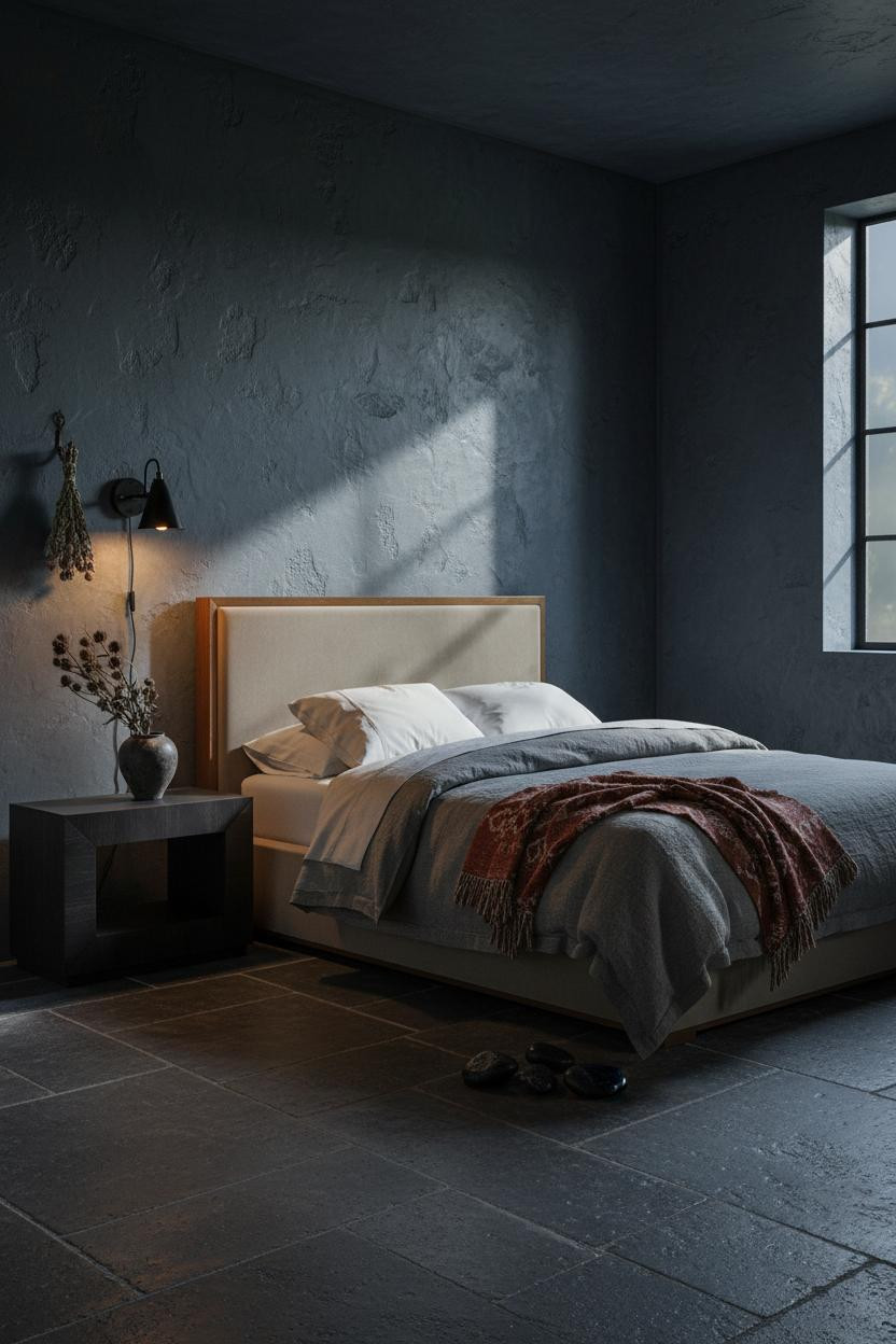 Small bedroom with dark earthy tones, warm wood bed frame, natural nightstand, soft neutral bedding, and warm ambient lighting creating a cozy moody aesthetic