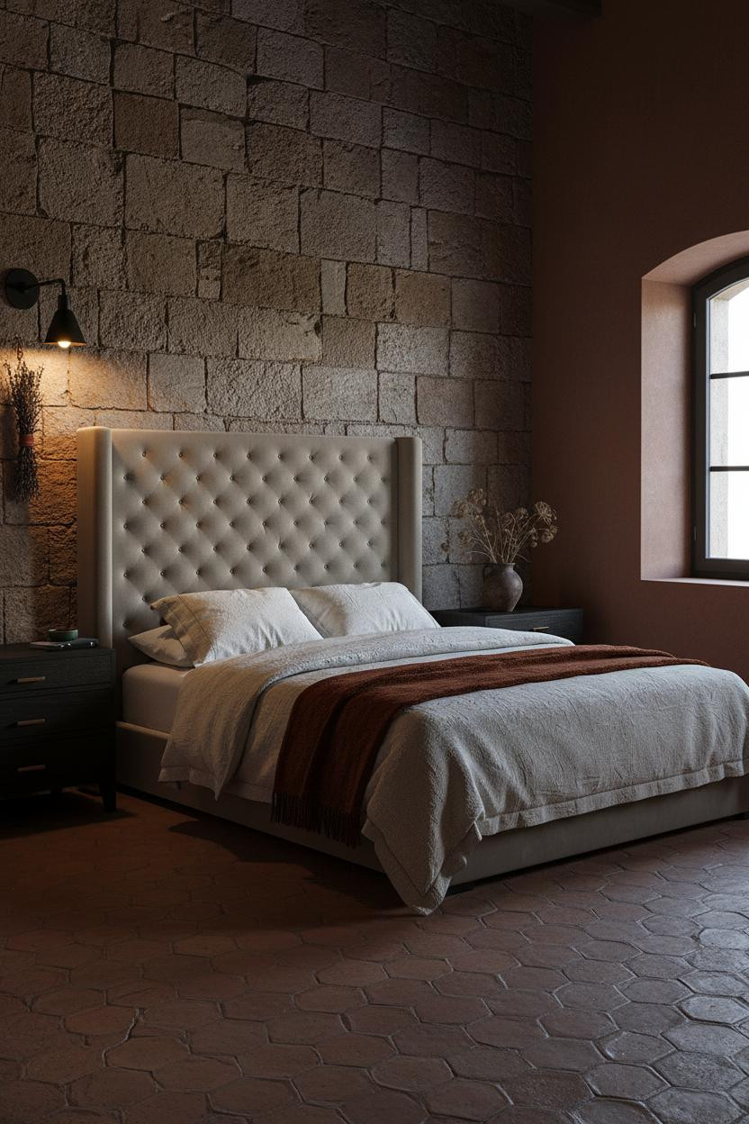 Earthy moody bedroom with warm beige walls, dark wood bed frame, black nightstand, soft natural lighting from window, vintage aesthetic with neutral bedding and minimal decor.
