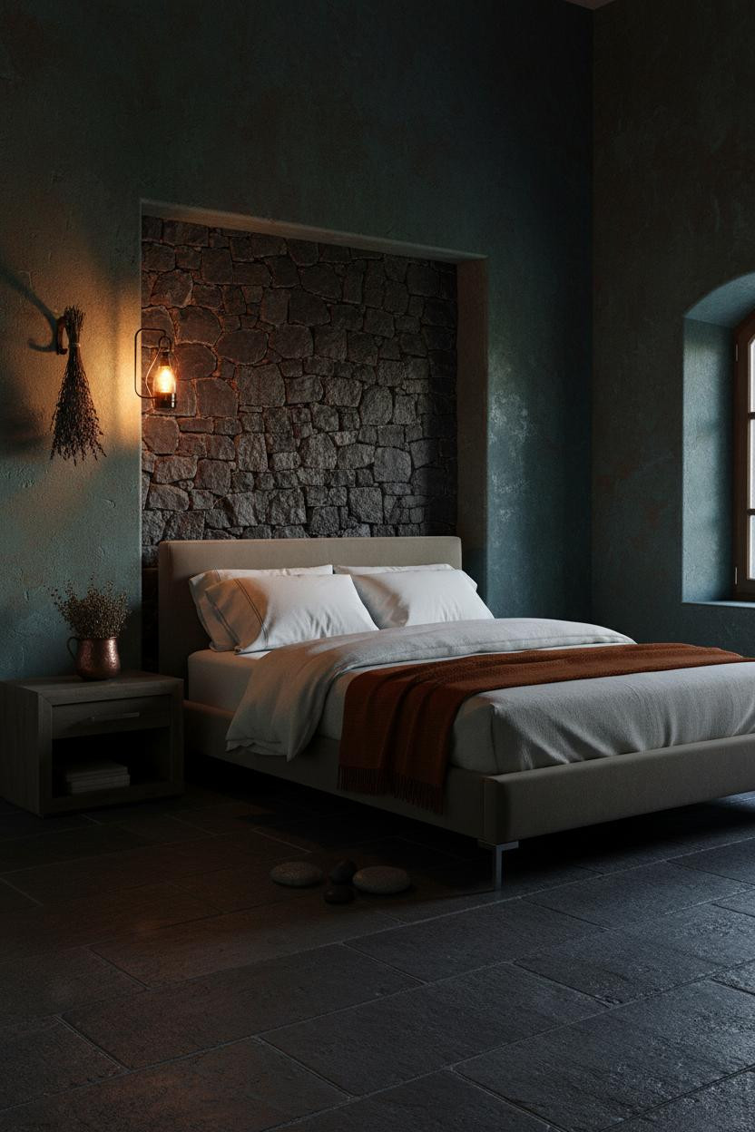 Moody bedroom with warm earthy tones, dark walls, natural wood bed frame, brass bedside lamp, soft neutral bedding, and warm ambient lighting creating a cozy intimate atmosphere.