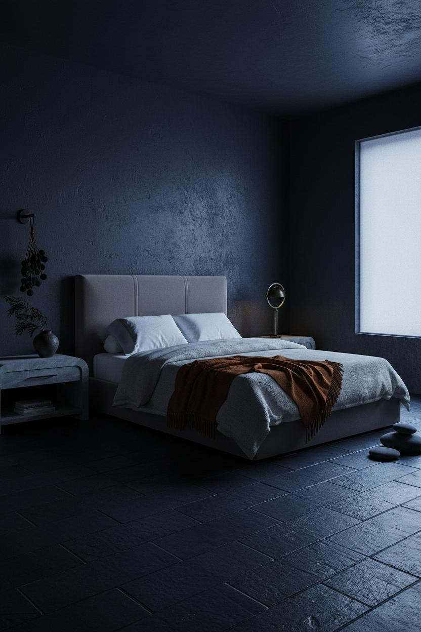 Moody bedroom with warm wood bed frame, soft brass bedside lamp, earthy neutral bedding, and natural window light creating dark cozy atmosphere.