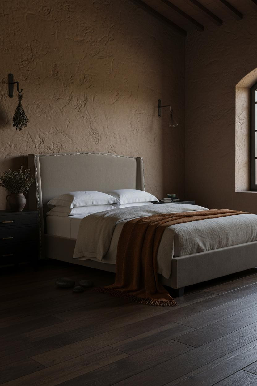 Moody bedroom with warm wood bed frame, brass bedside lamp, earthy neutral palette, soft natural light from window, dark walls, cozy intimate space