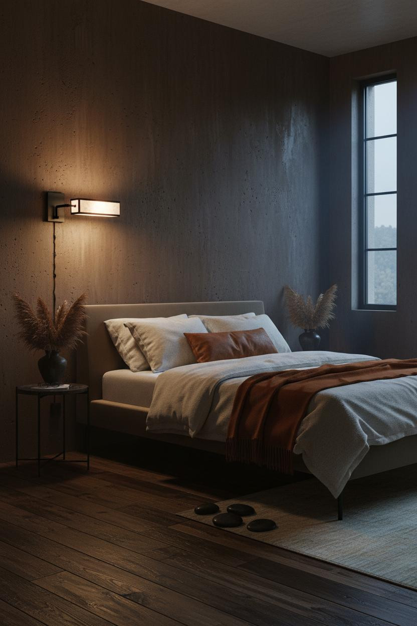 Small bedroom with warm earthy tones, natural wood bed frame, soft cream bedding, matte brass bedside lamp, neutral walls, and natural window light creating calm moody aesthetic.