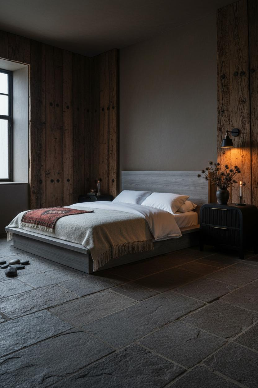 Small moody bedroom with dark wood bed frame, warm beige bedding, matte brass nightstand, soft natural light from window, earthy neutral palette, vintage aesthetic.
