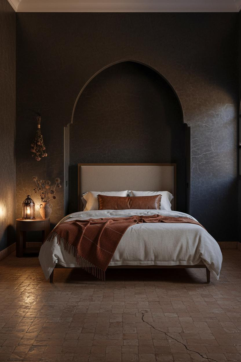Small moody bedroom with dark earthy tones, warm wood bed frame, matte brass nightstand, soft natural window light, cream bedding, and vintage aesthetic decor.
