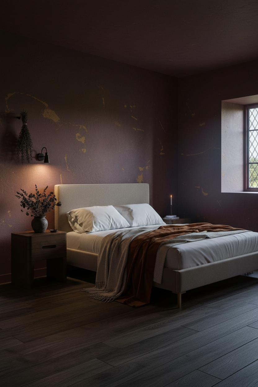 Moody bedroom with warm earthy tones, natural wood bed frame, soft neutral bedding, wooden nightstand, and warm ambient lighting creating a cozy dark aesthetic