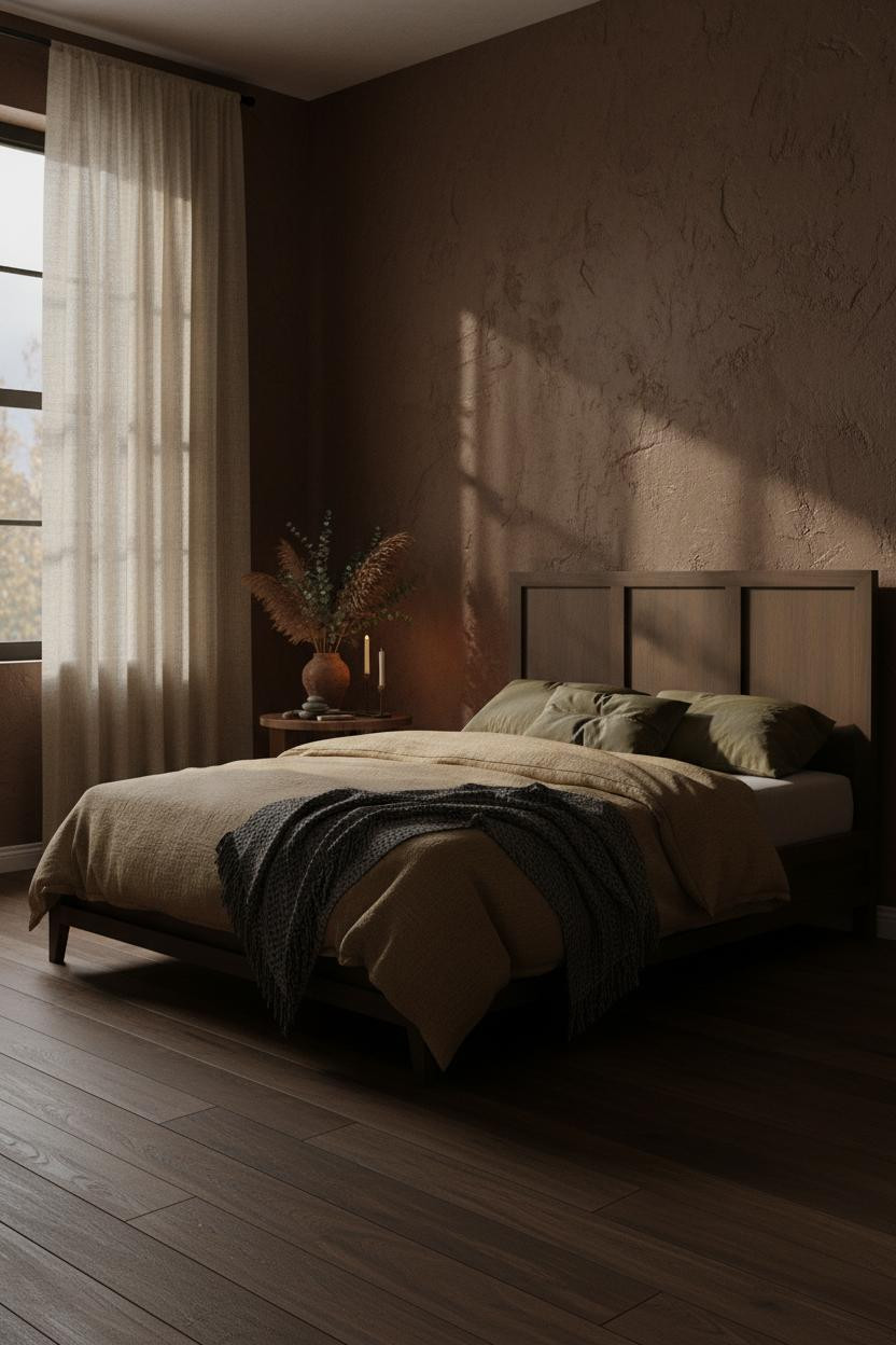 Moody bedroom with warm earthy tones, dark walls, natural wood bed frame, wooden nightstand, soft layered bedding, and warm ambient lighting creating a cozy intimate atmosphere.