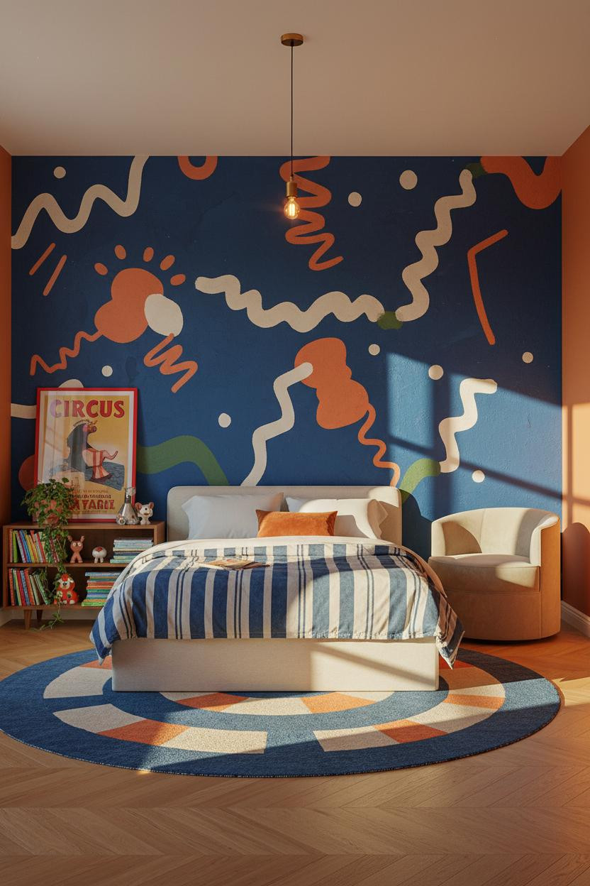 Eclectic Kids Room Cobalt Mural Maximalist