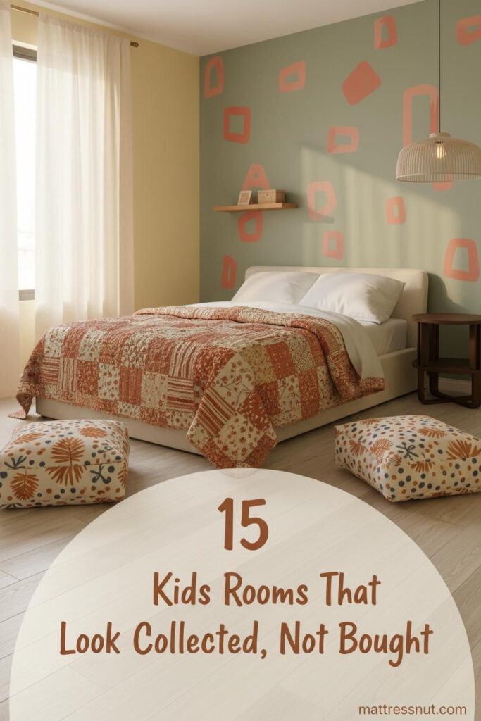 Eclectic kids room with butter yellow walls, sage green accent, terracotta quilt, oak floors, mixed-print cushions and warm daylight