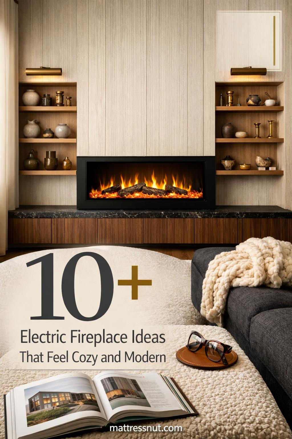 Living room featuring built-in electric fireplace with stone surround, wooden mantel, comfortable seating, and warm ambient lighting