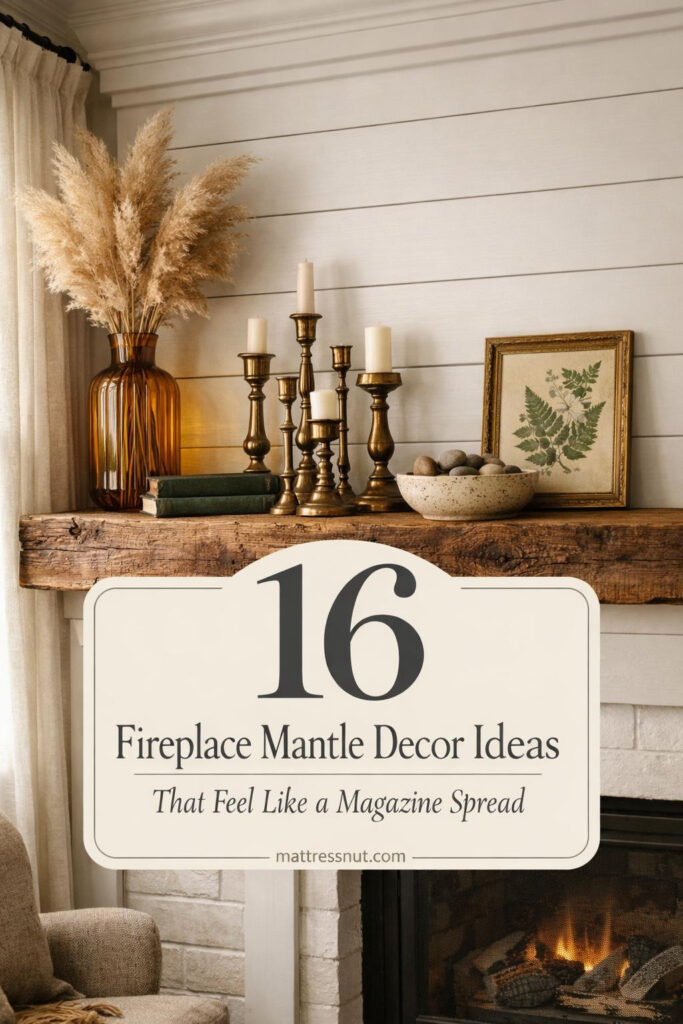 Elegant fireplace mantle styled with candles, framed artwork, greenery, and decorative objects in neutral tones