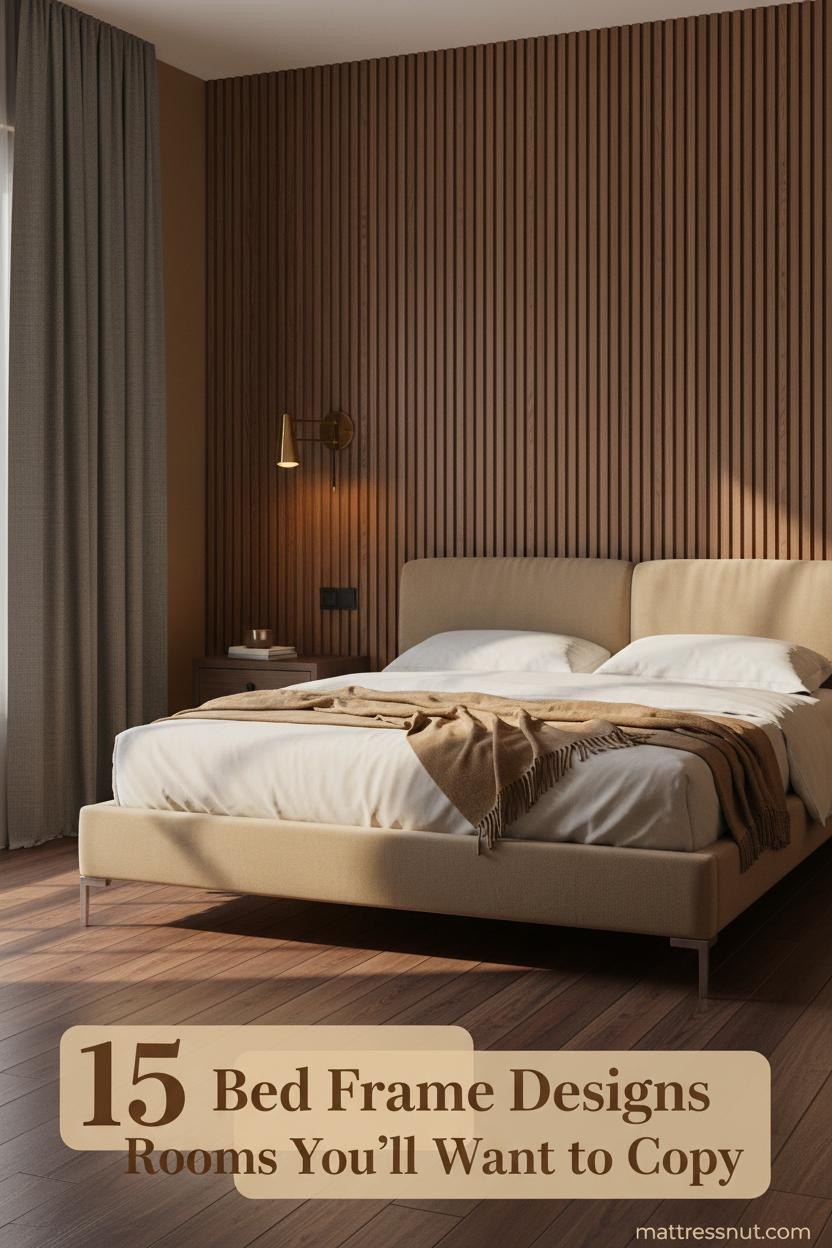 Walnut slatted accent wall behind a low platform bed, ivory percale bedding, camel wool throw, brass sconce, and dark hardwood floors in warm amber light
