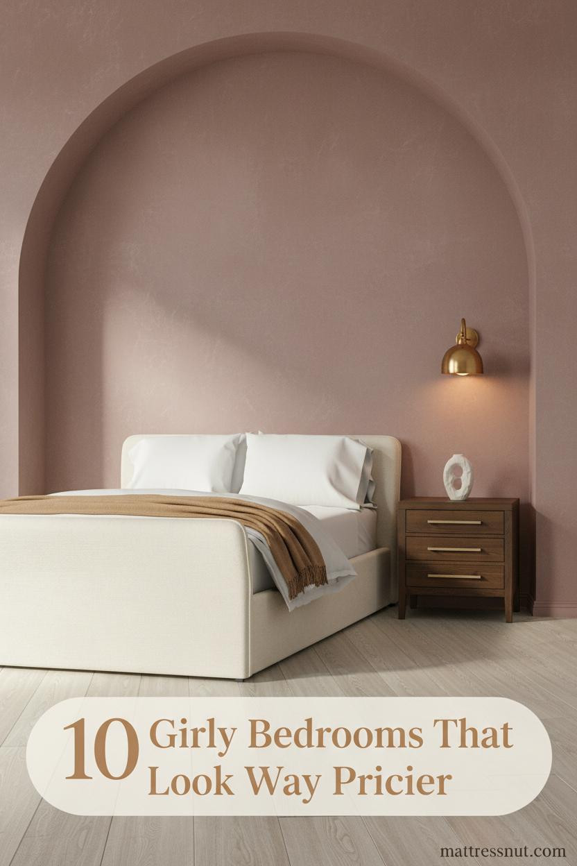 Dusty mauve-rose arched plaster alcove bedroom with cream linen bedding, camel wool throw, brass sconce, and walnut nightstand