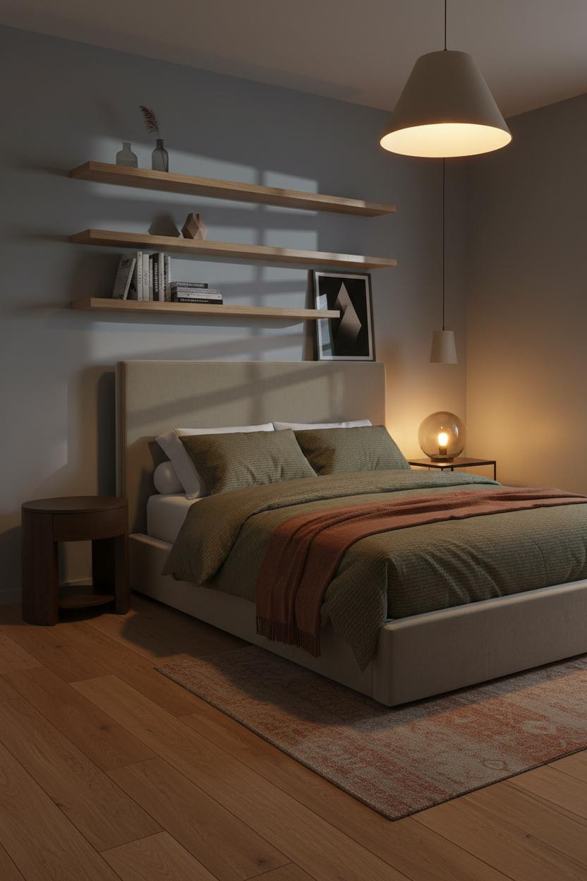 Gray Bed Frame Bedroom Floating Shelves