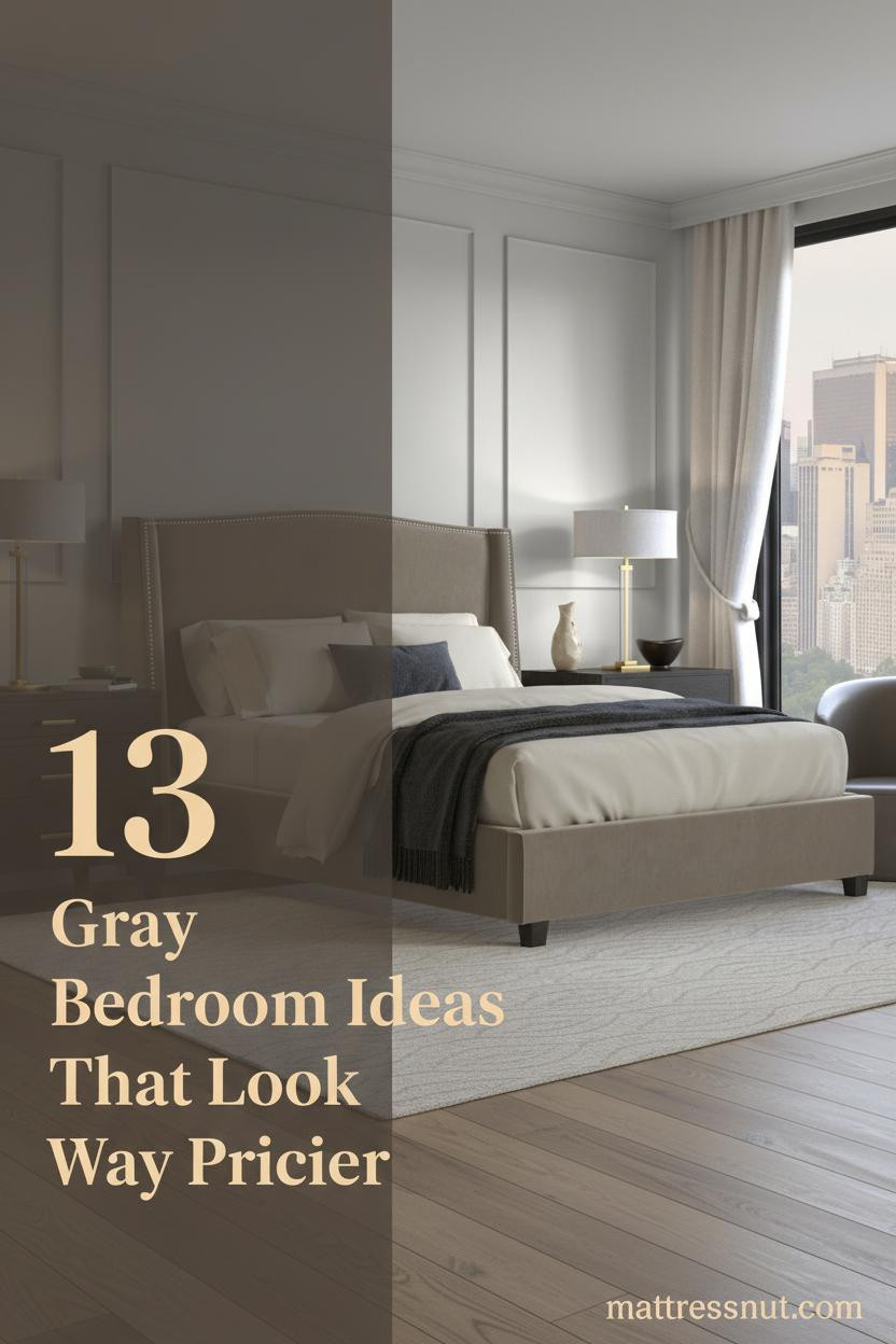 Cozy gray bedroom with mushroom-grey board-and-batten wall, ivory duvet, charcoal throw, brass sconce, and bleached oak flooring