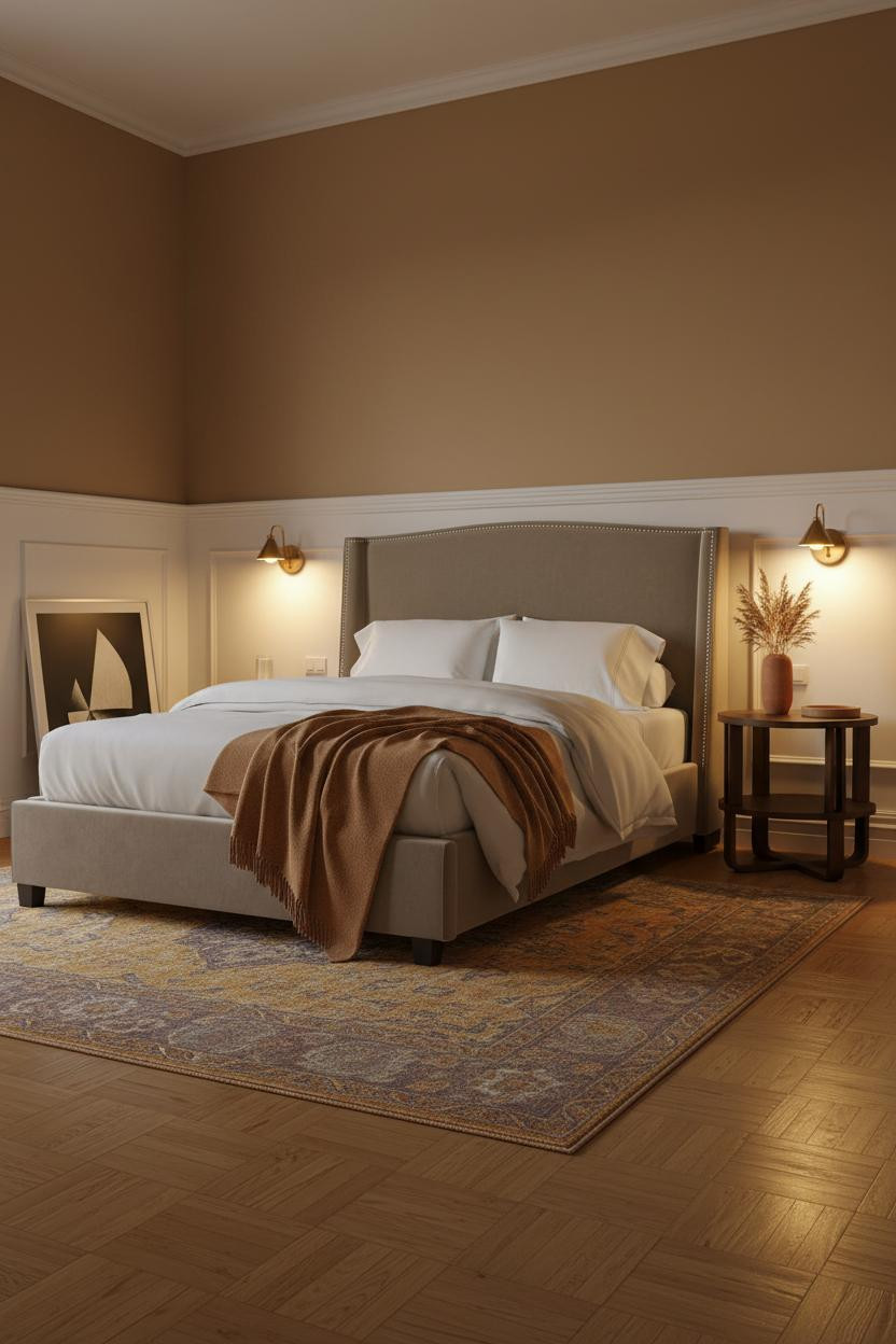 Gray Bed Frame Bedroom Wainscoting