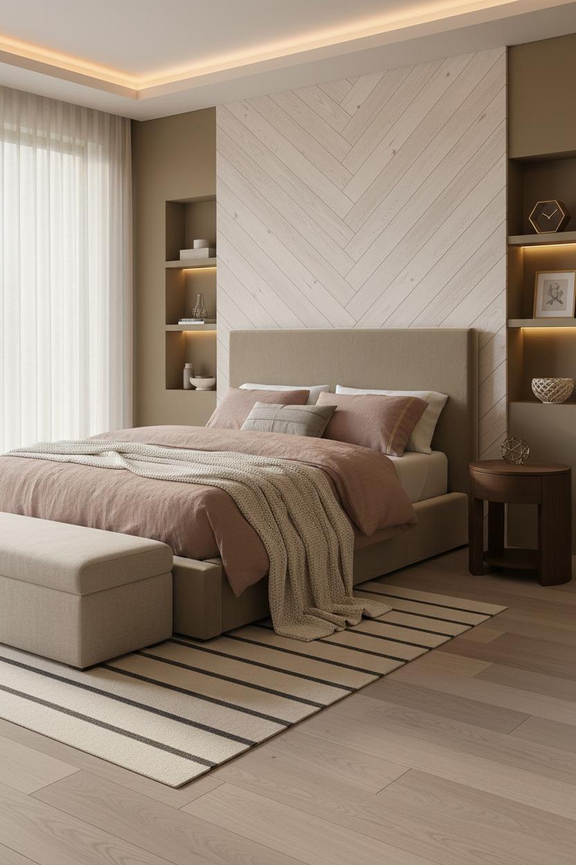 Gray Bed Frame Herringbone Accent Wall