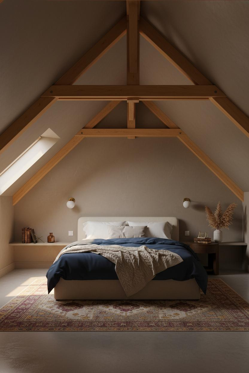 Green Bed Frame Attic Bedroom Exposed Timber