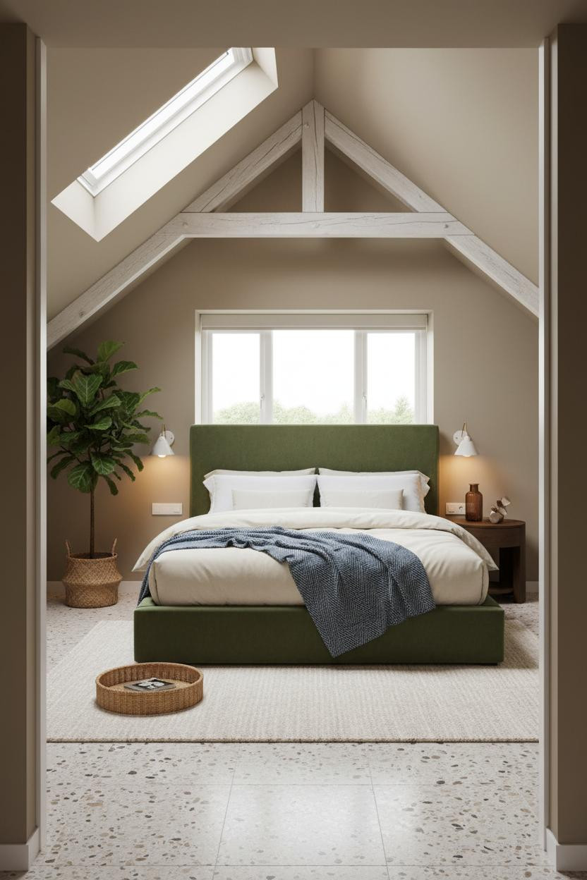 Green Bed Frame Attic Bedroom Skylight