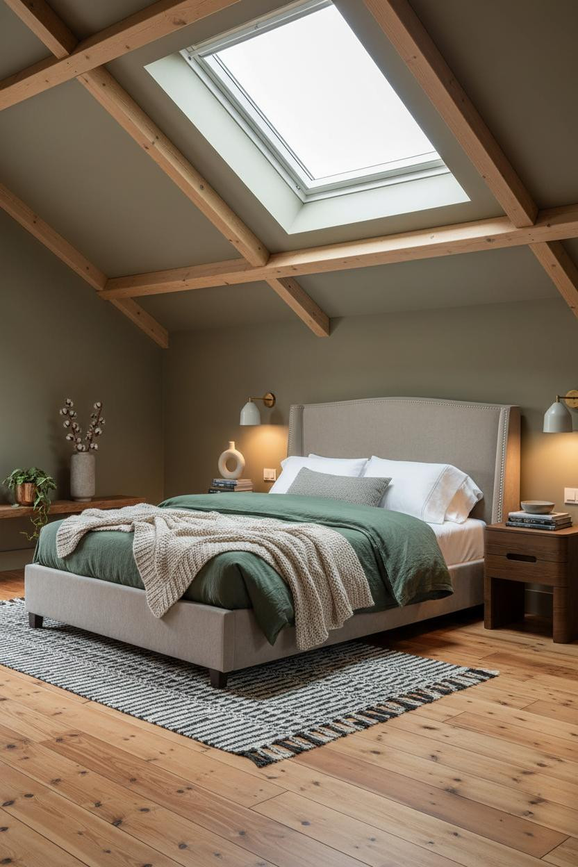 Green Bed Frame Attic Bedroom Skylight