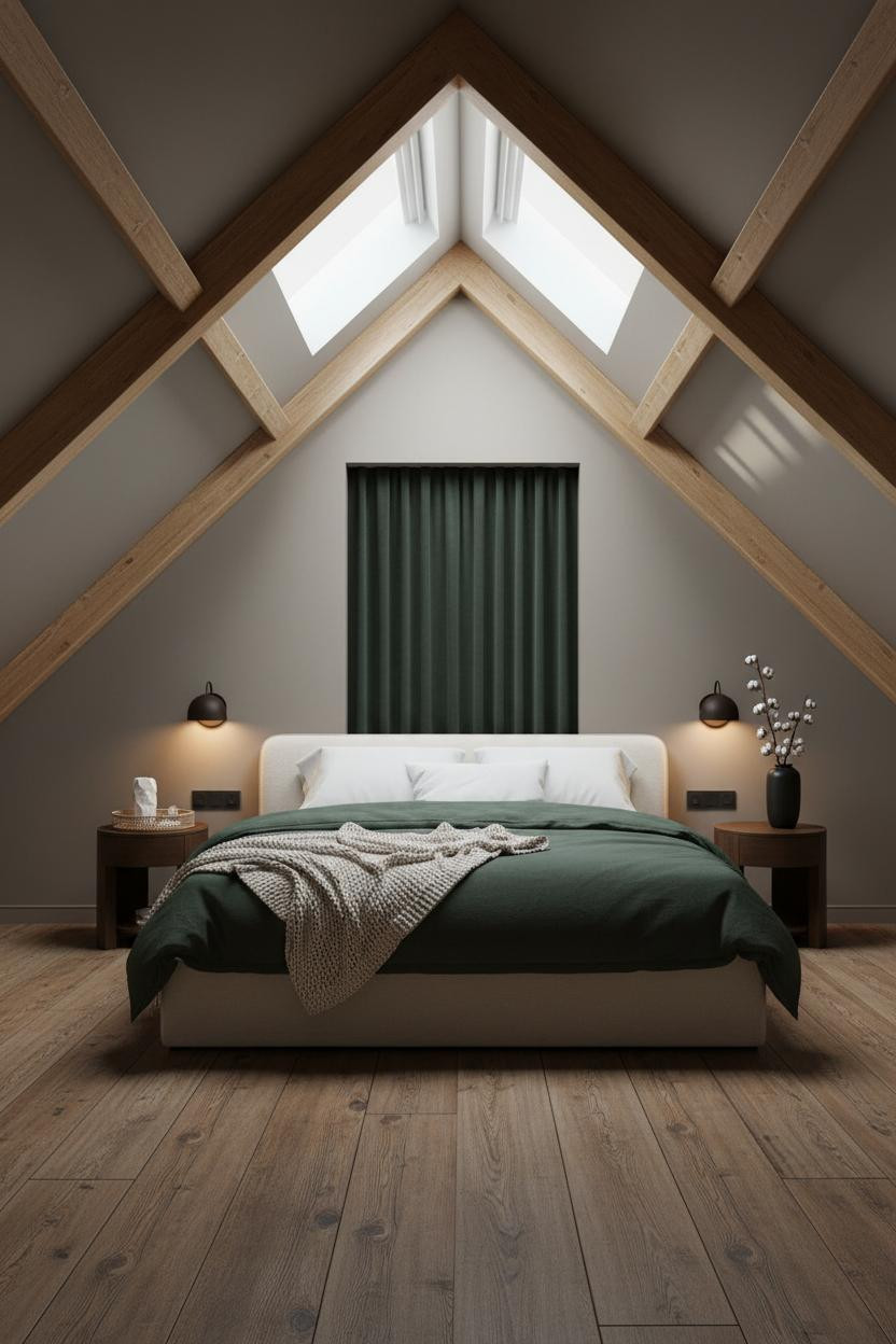 Green Bed Frame Attic Bedroom Skylight