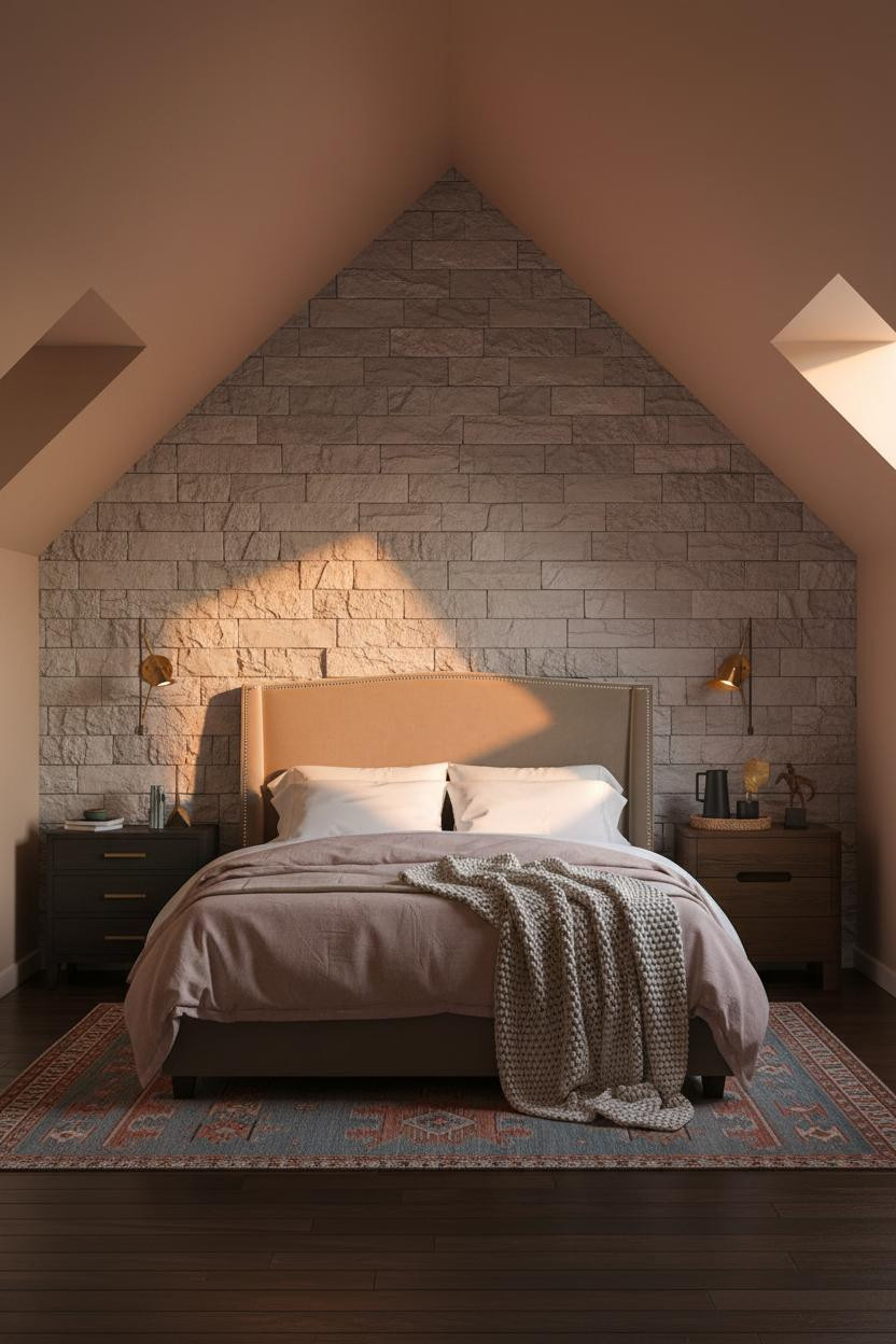 Green Bed Frame Attic Bedroom Stone Wall