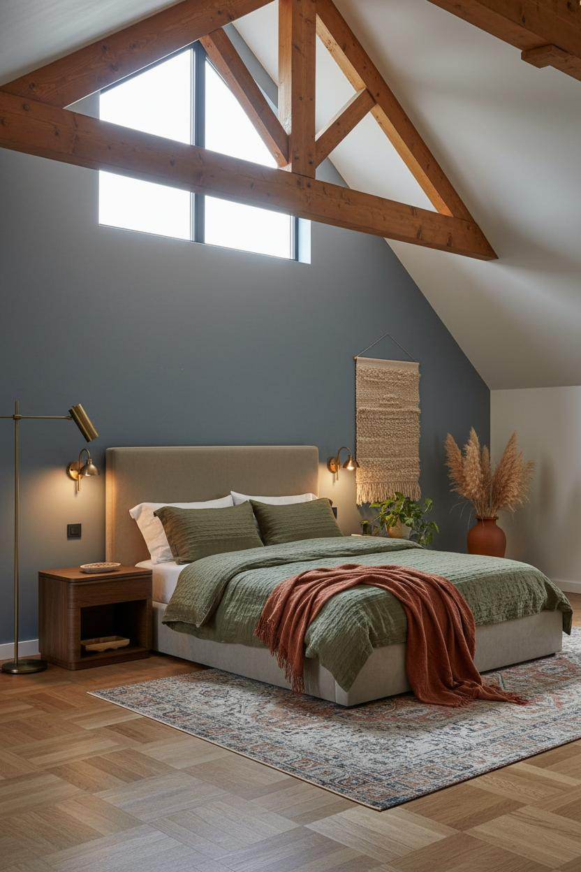 Green Bed Frame Attic Bedroom Timber Trusses