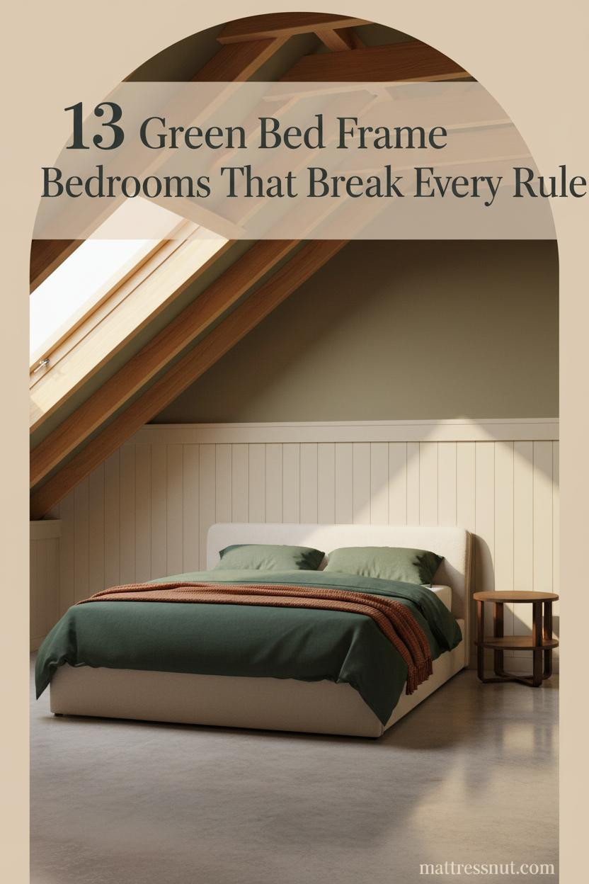 Attic bedroom with sloped timber ceiling, olive walls, forest green linen duvet, rust mohair throw, and cream board-and-batten accent wall