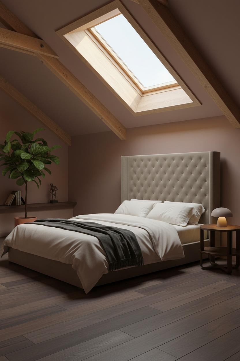 Green Bed Frame Japandi Attic Bedroom