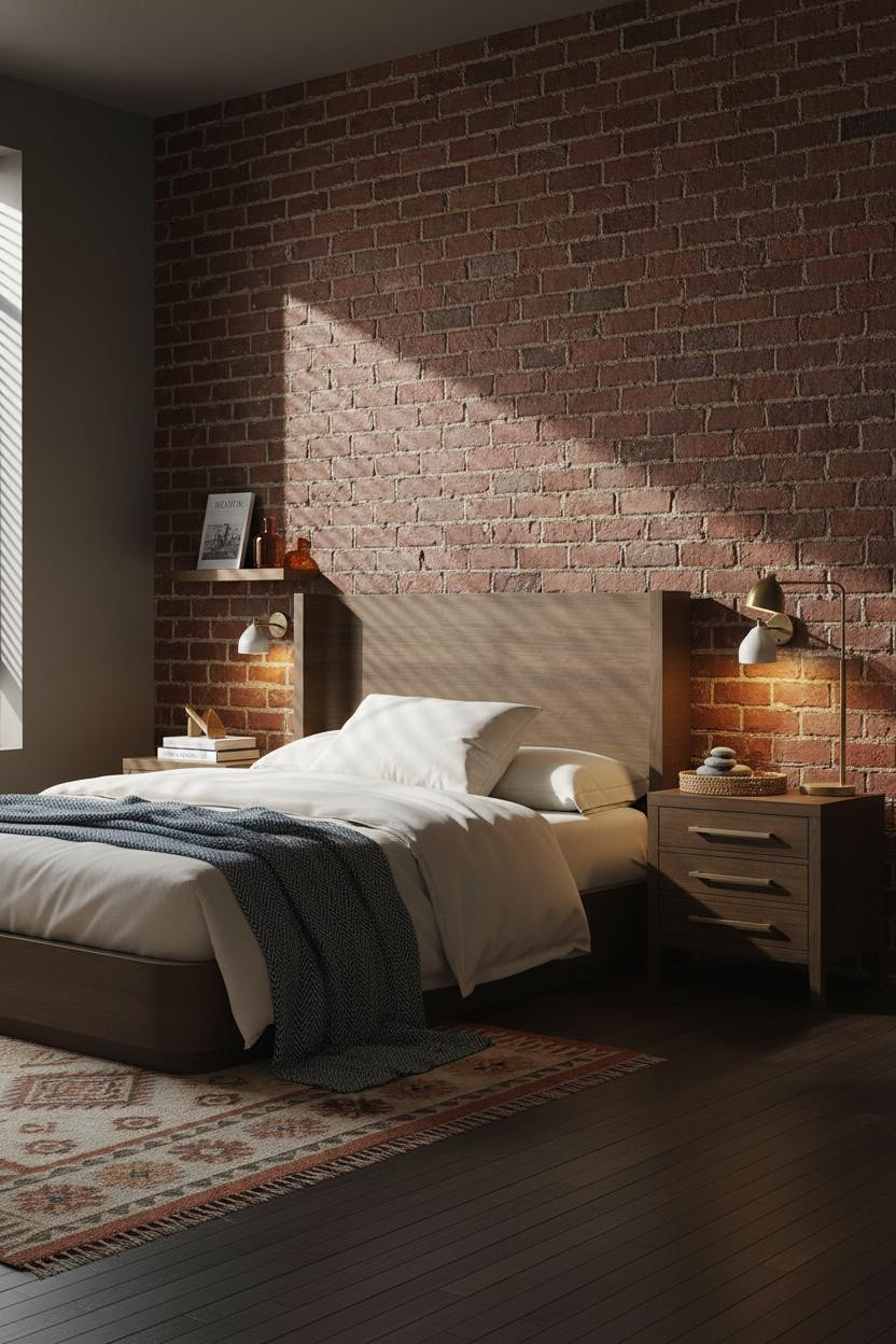 Green Earthy Bedroom Exposed Brick Warm Lighting