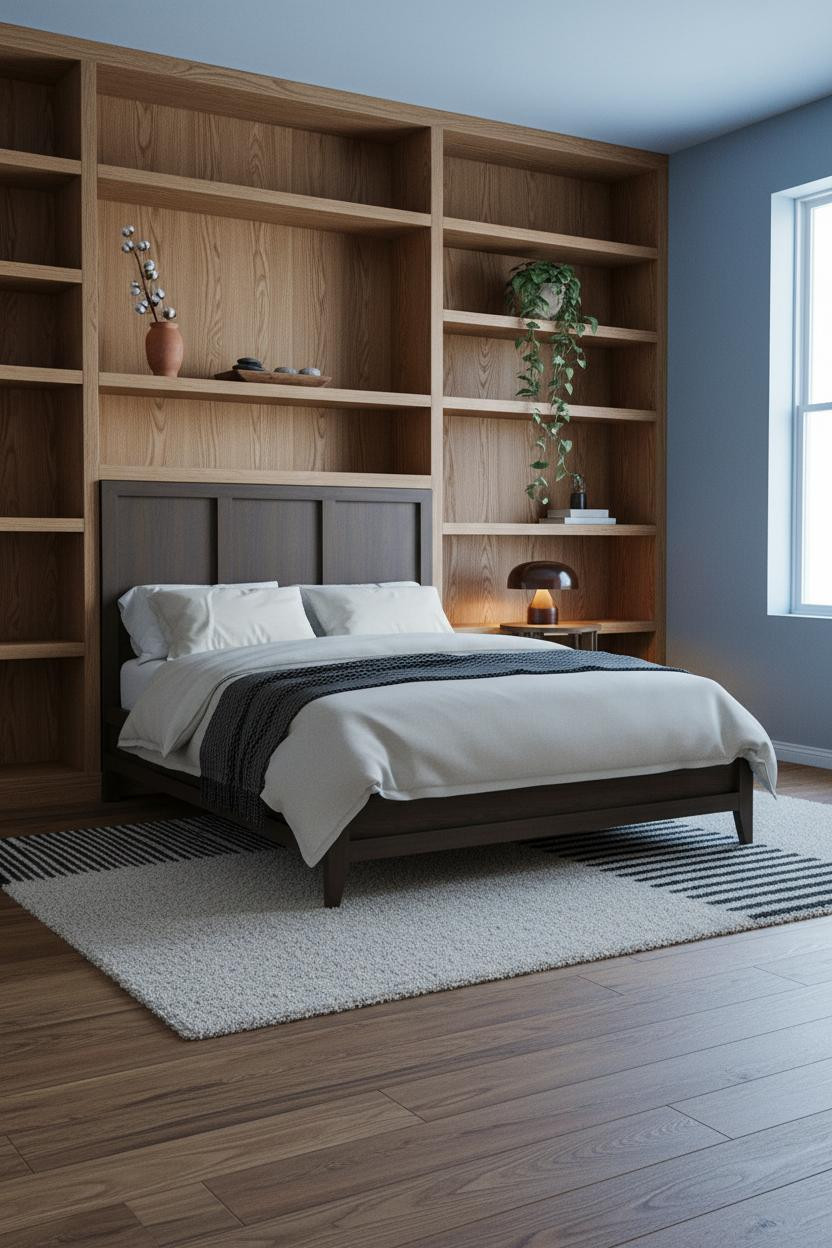 Green Earthy Bedroom Oak Shelving Morning Light
