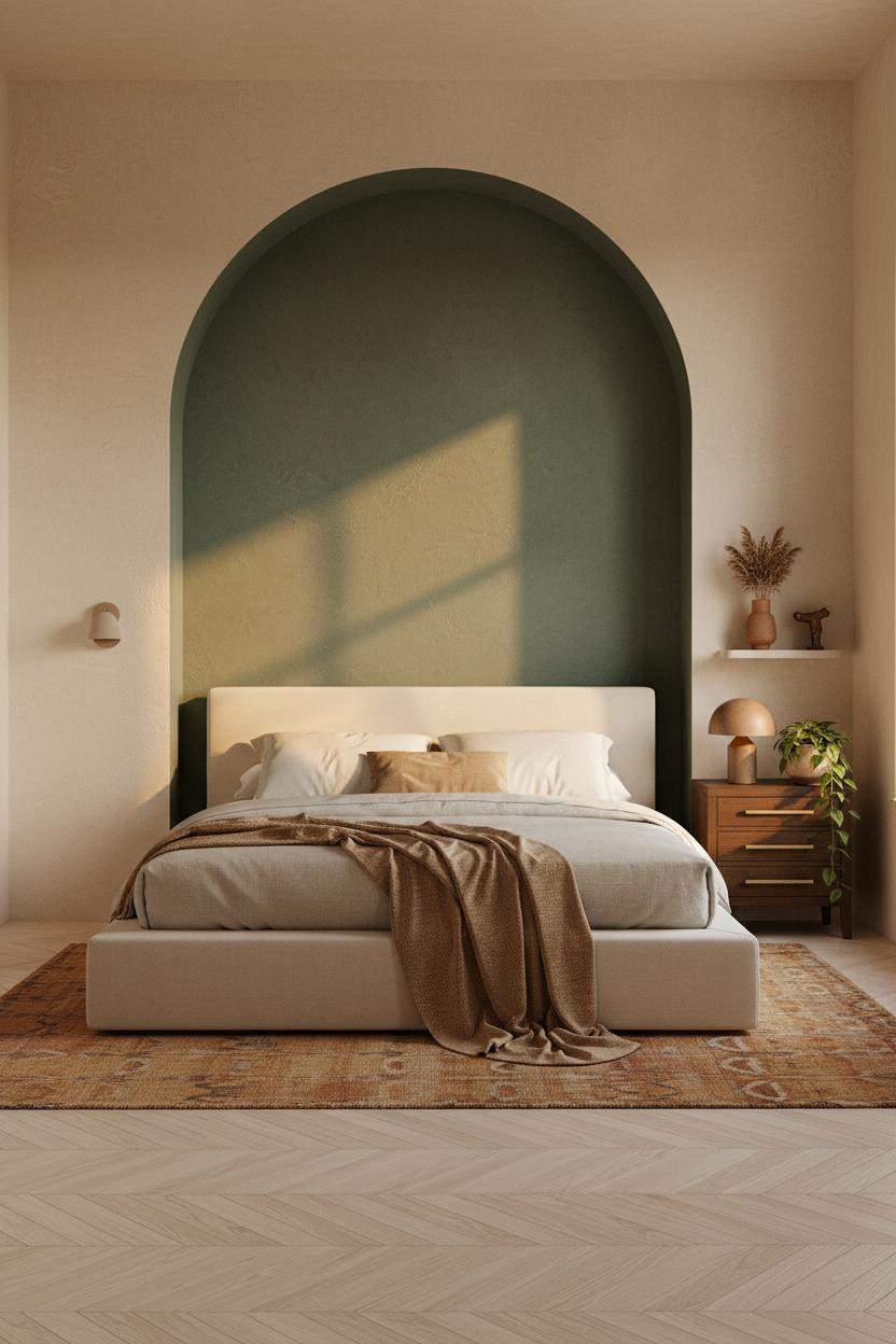Green Earthy Bedroom Plaster Niche Warm Light