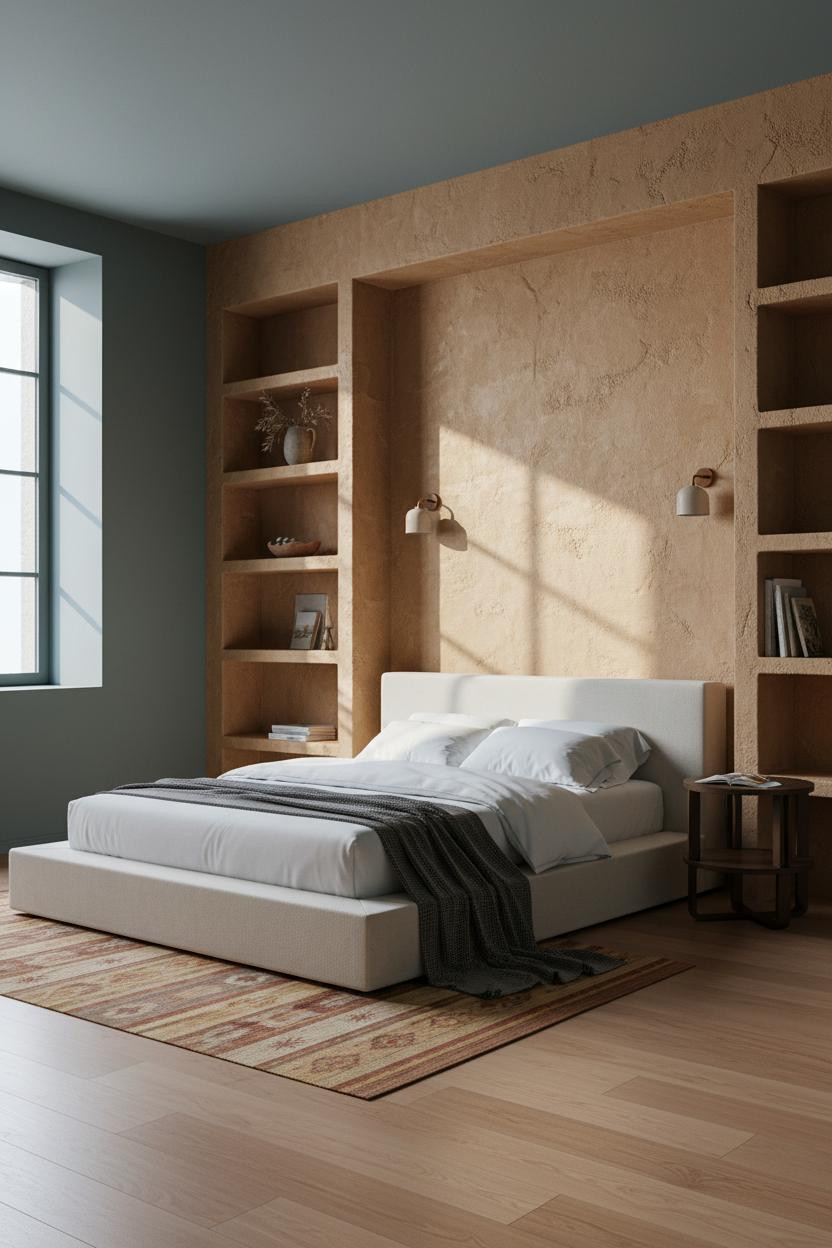 Green Earthy Bedroom Plaster Shelves Warm Tones