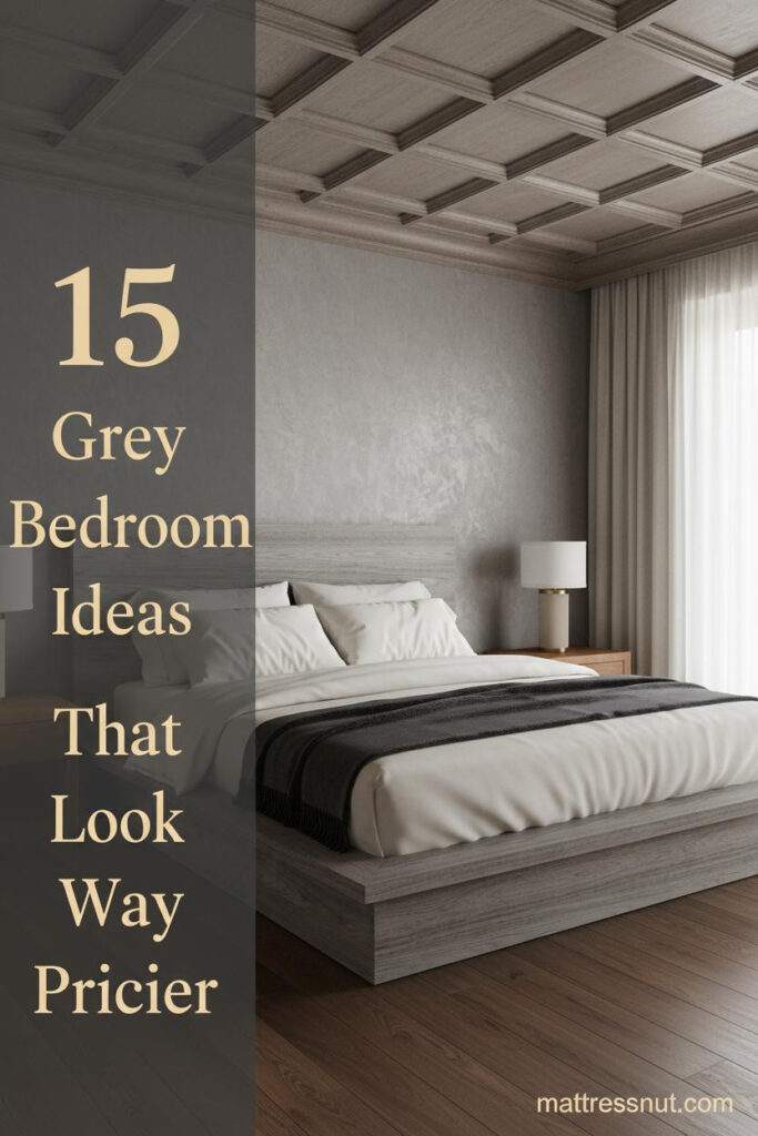 Stone grey accent wall bedroom with walnut hardwood floors, layered ivory bedding, charcoal throw, and warm sculptural lamp on nightstand