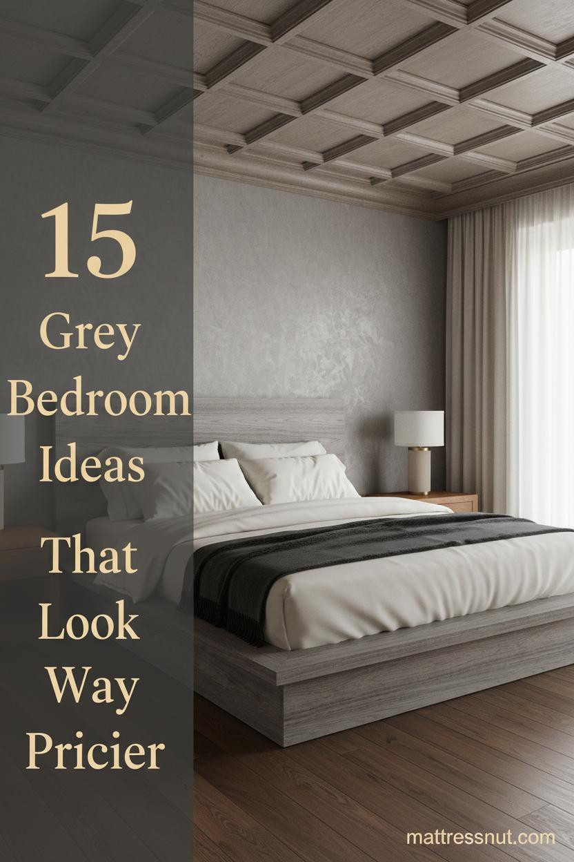 Stone grey accent wall bedroom with walnut hardwood floors, layered ivory bedding, charcoal throw, and warm sculptural lamp on nightstand