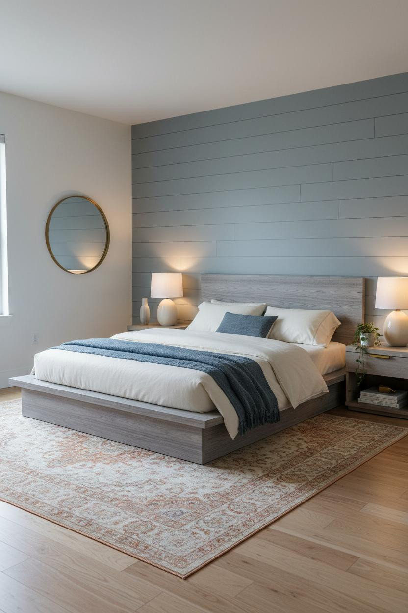Grey Bed Frame Bedroom Shiplap Accent