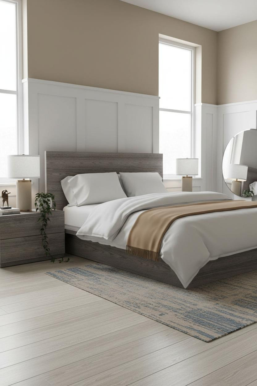 Grey Bed Frame Bedroom Wainscoting Natural Light