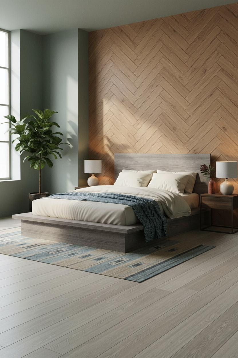 Grey Bed Frame Herringbone Bedroom