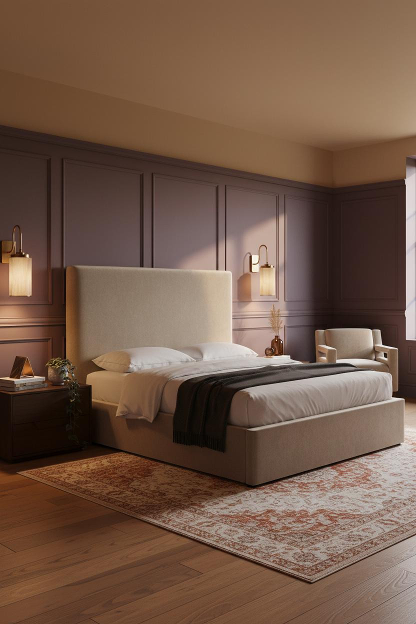 Grown Women Bedroom Cozy Glam Plum Wainscoting
