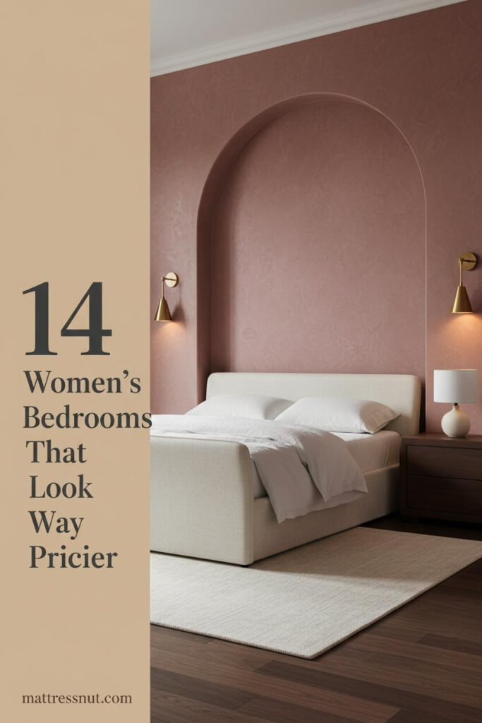 Glam bedroom with dusty rose Venetian plaster arch, ivory linen bedding, walnut nightstand, ceramic vase, and warm brass sconces