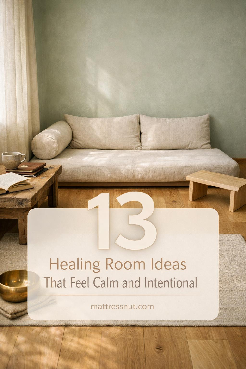 Serene healing space with soft neutral tones, plush floor cushions, natural wood elements, candles, and plants