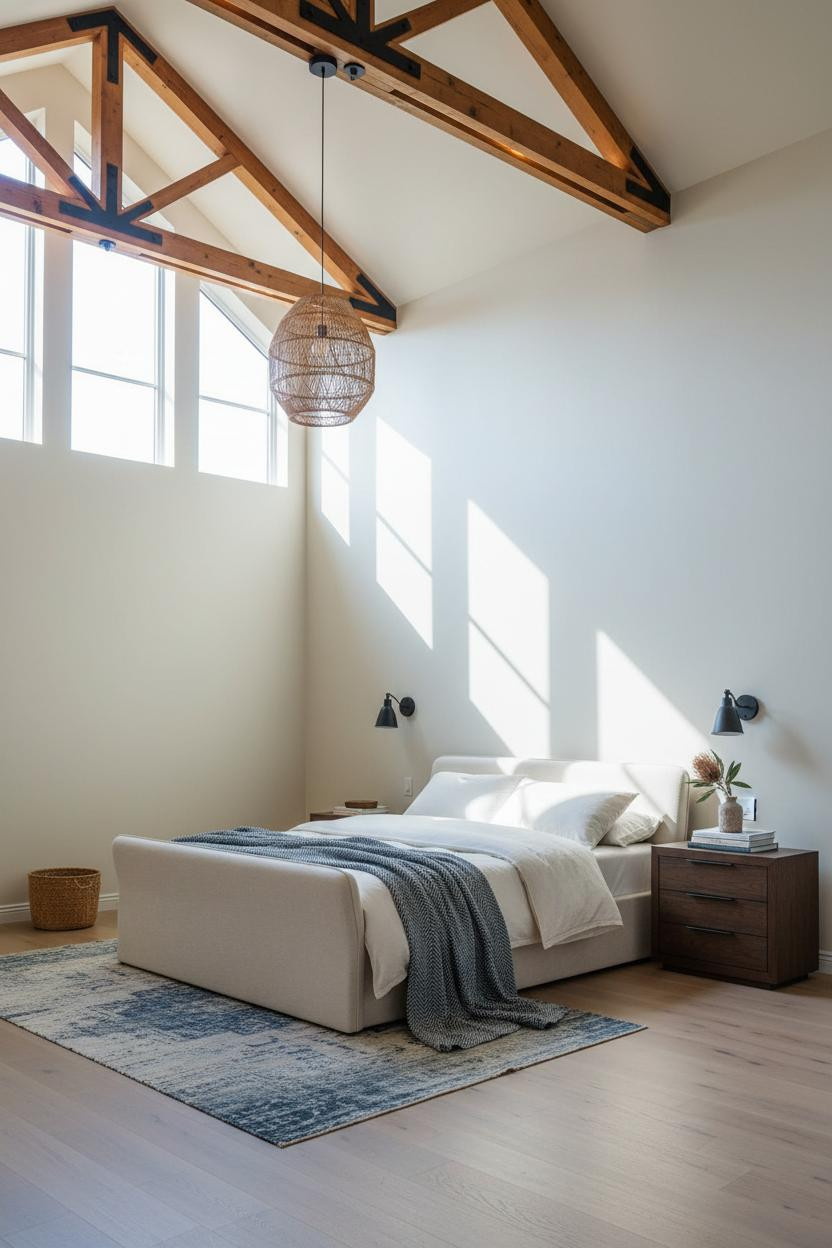 High Ceiling Bedroom Cathedral Trusses Design