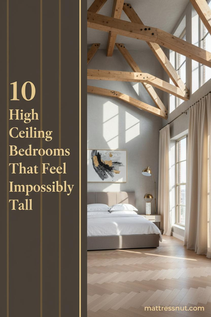Double-height bedroom with Douglas fir scissor trusses, dove grey limewash plaster, birch herringbone parquet, and ivory linen floor-to-ceiling curtains