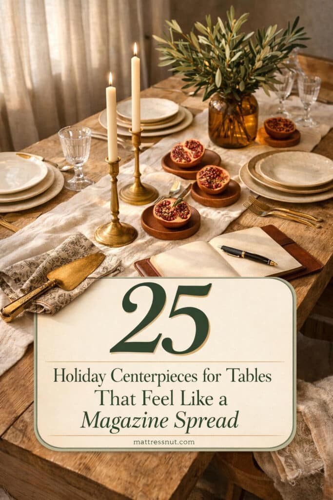 Festive table arrangement with candles, evergreen branches, red berries, gold accents, and white linens on wooden surface