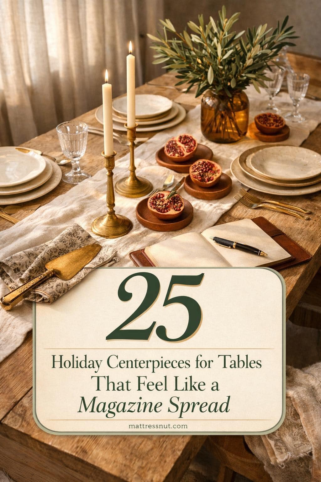 Festive table arrangement with candles, evergreen branches, red berries, gold accents, and white linens on wooden surface